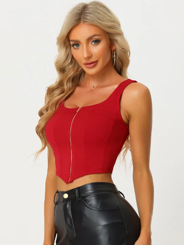 women's tops made from cottonSquare Neck Asymmetrical Hem Zip Front Crop Cami Tank Tops