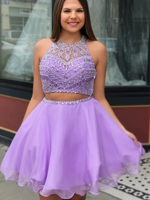 spring party dressesRound Neck Two Pieces Beaded Purple Short Prom Dresses Homecoming Dresses, Two Pieces Beaded Purple Formal Graduation Evening Dresses