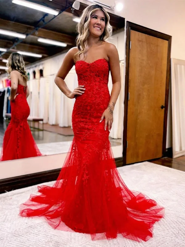 pool party dressesStrapless Mermaid Red Lace Long Prom Dresses, Mermaid Red Formal Dresses, Red Lace Evening Dresses SP2592