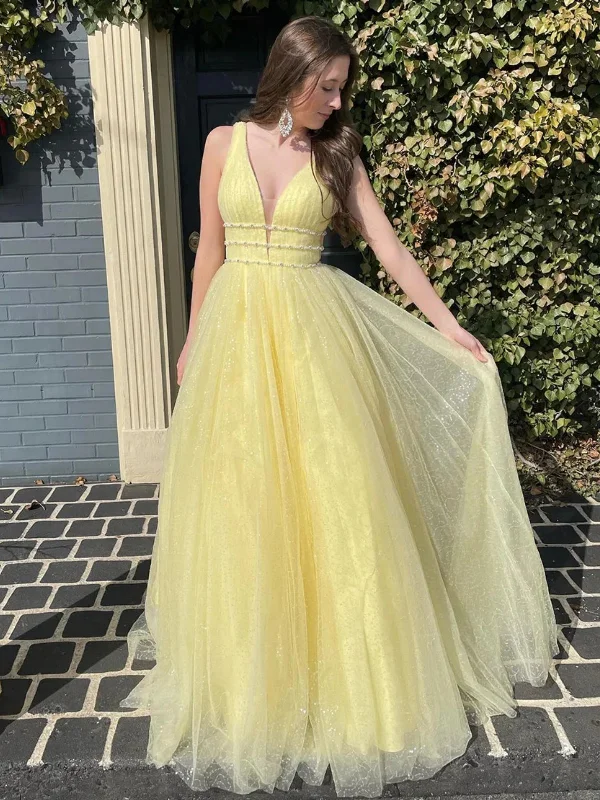 spaghetti-strap party dressesA Line V Neck Open Back Yellow Tulle Long Prom Dresses, Yellow Tulle Formal Evening Dresses with Belt2 SP2666