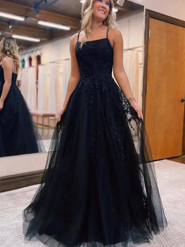 lace party dressesOpen Back Black Lace Tulle Long Prom Dresses, Black Lace Formal Dresses, Black Evening Dresses SP2551