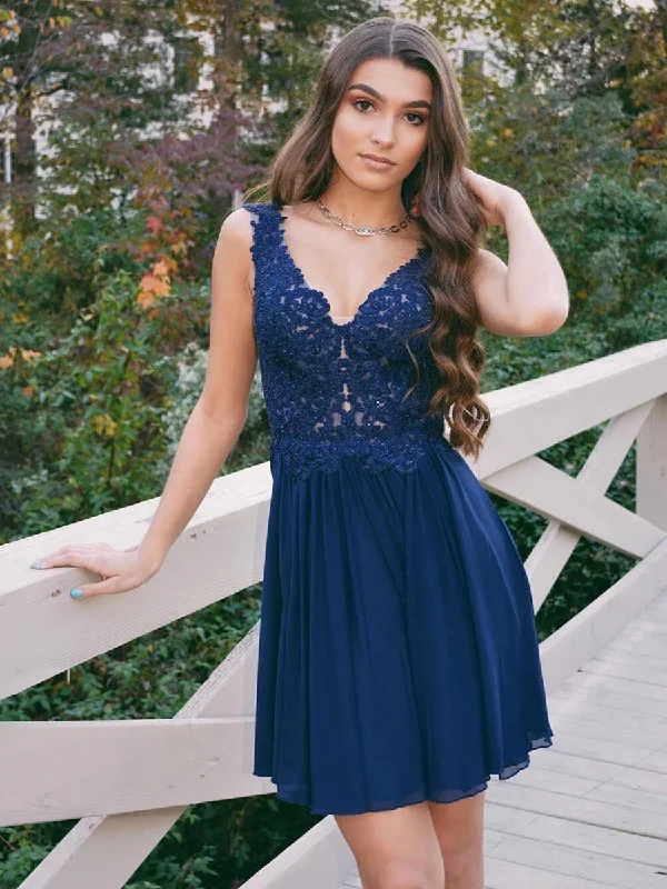 long party dressesElegant V Neck Navy Blue Lace Short Prom Dresses Homecoming Dresses, Lace Navy Blue Formal Graduation Evening Dresses