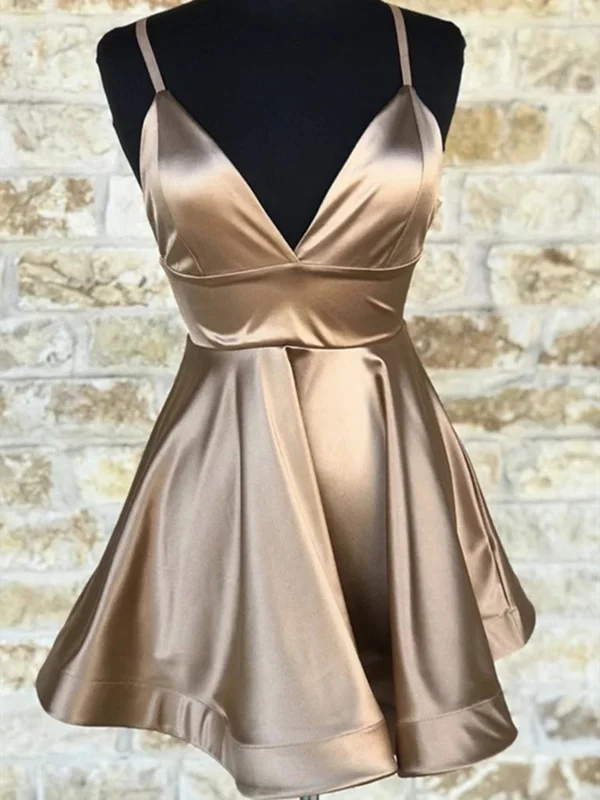 figure-flattering party dressesCute V Neck Champagne Short Prom Dresses, V Neck Champagne Homecoming Dresses, Champagne Formal Evening Dresses