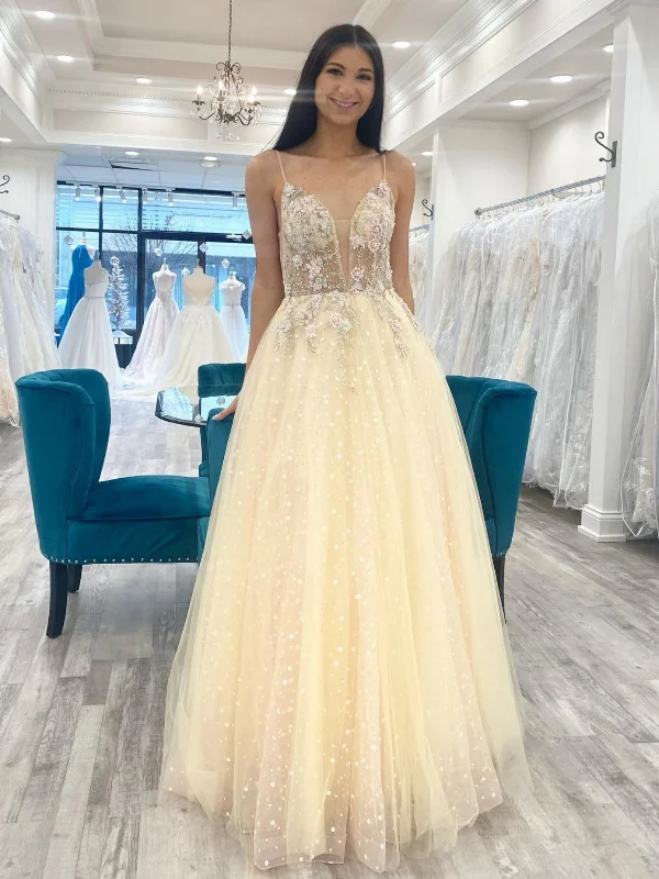 bachelor party dresses (for women)V Neck Champagne Tulle Lace Floral Long Prom Dresses, Champagne Formal Evening Dresses with Appliques SP2586