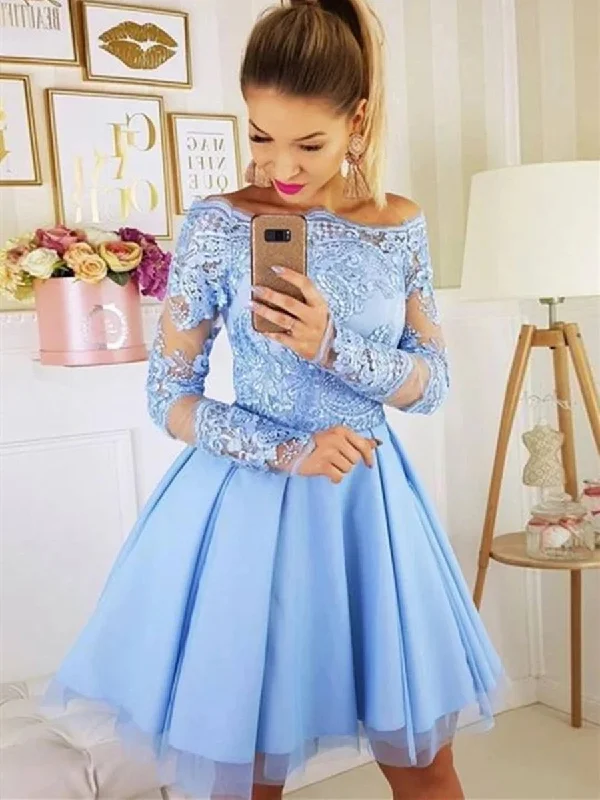 mother-of-the-bride party dressesLight Blue Long Sleeves Lace Short Prom Homecoming Dresses, Long Sleeves Lace Light Blue Formal Graduation Evening Dresses