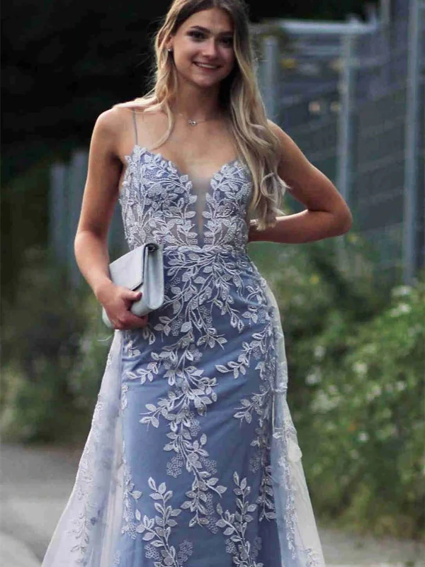 pastel party dressesElegant Mermaid Backless V Neck Blue Lace Long Prom Dresses, Mermaid Blue Formal Dresses, Blue Lace Evening Dresses SP2325