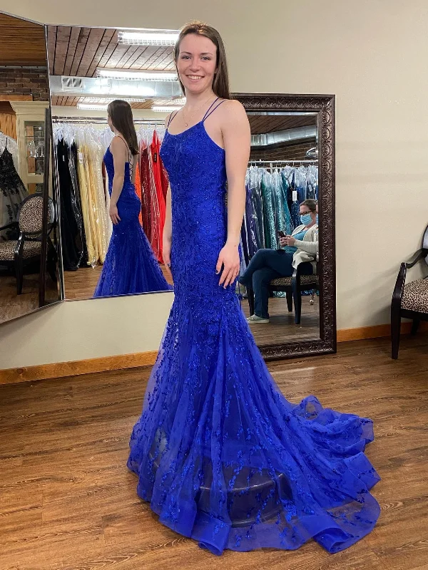 bachelor party dresses (for women)Open Back Mermaid Blue Lace Long Prom Dresses, Blue Lace Formal Dresses, Mermaid Blue Evening Dresses SP2471