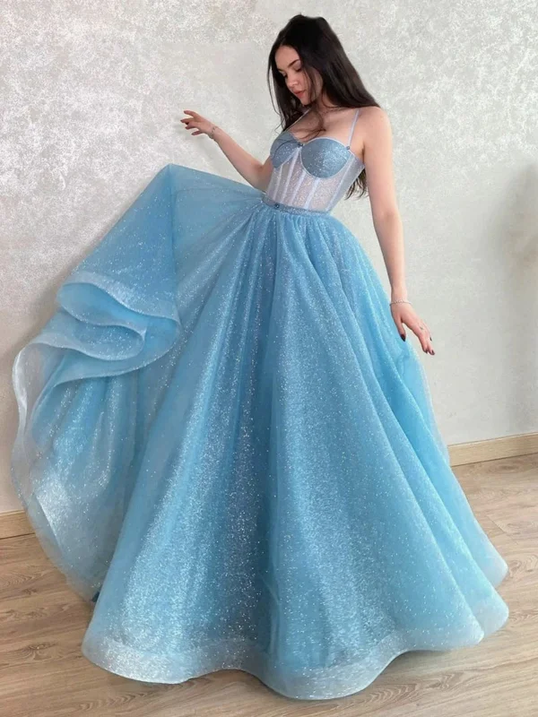 bachelor party dresses (for women)Shiny Tulle Light Blue Long Prom Dresses, Sparkly Blue Formal Evening Dresses, Blue Ball Gown SP2541