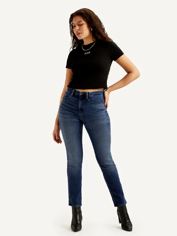 women's distressed denim jeansWomen's Mid Rise Straight Fit Dark Blue Jeans