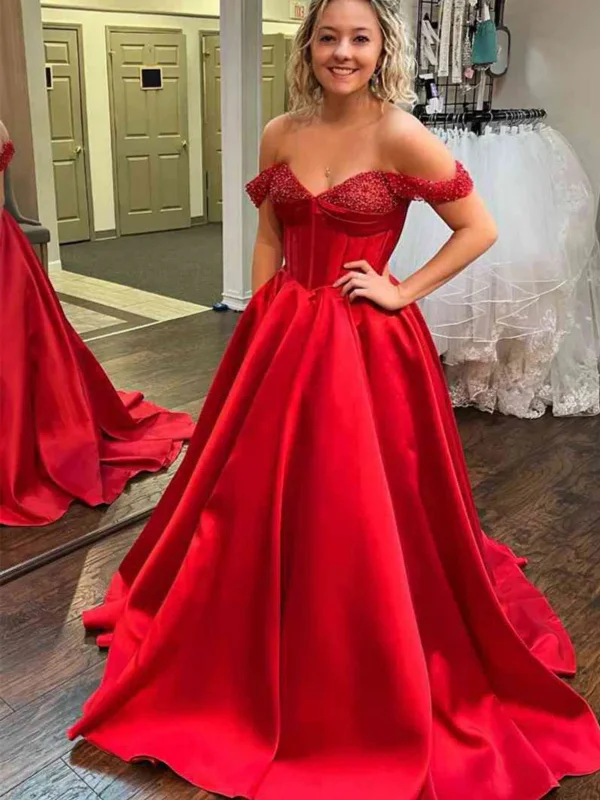 breathable party dressesOff Shoulder Beaded Red/Black Satin Long Prom Dresses, Red/Black Formal Evening Dresses SP2571