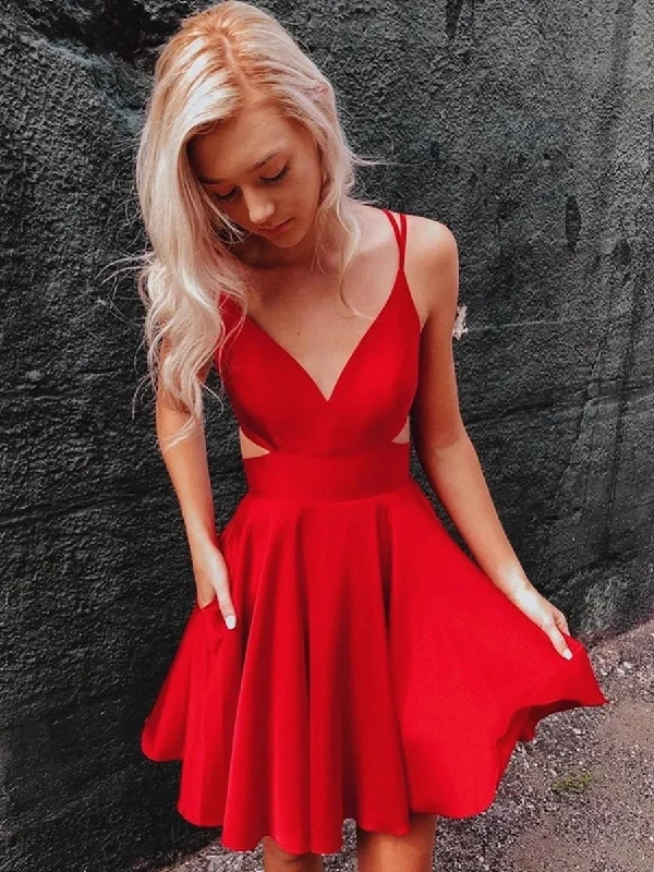 illusion-sleeve party dressesCute V Neck Short Red Prom Dresses with Corset Back, V Neck Red Homecoming Dresses, Red Formal Evening Dresses