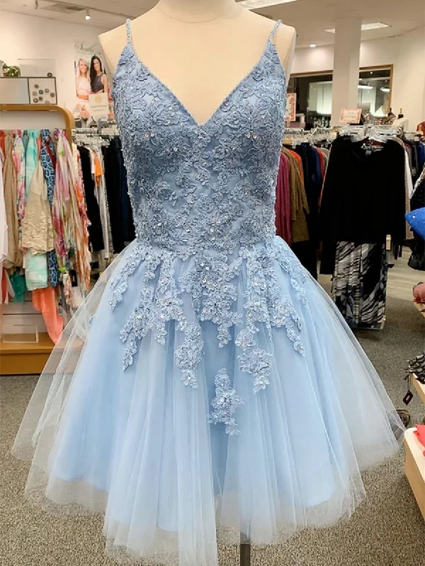 bachelorette party dressesA Line V Neck Blue Lace Appliques Short Prom Dresses Homecoming Dresses, Blue Lace Formal Graduation Evening Dresses