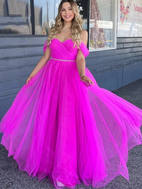 polyester party dressesOff Shoulder Fuchsia Tulle Long Prom Dresses with Belt, Long Fuchsia Formal Graduation Evening Dresses SP2657