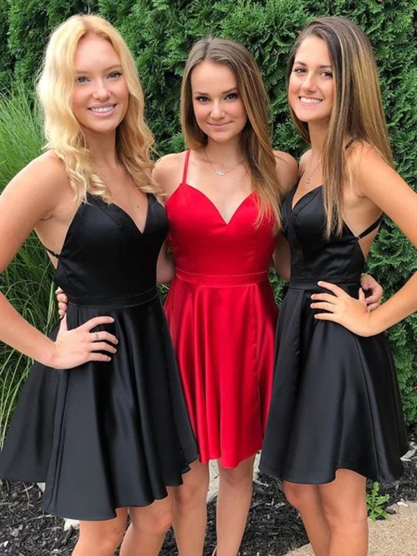 breathable party dressesShort V Neck Red/Black Prom Homecoming Dresses, V Neck Red/Black Formal Graduation Evening Dresses