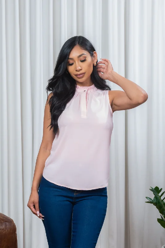 women's tops for those who want to stay cool and chic during warmer weatherSleeveless Tank Top with Button Up Tuck Pleated Mandarin Collar in Light Pink (P260137)