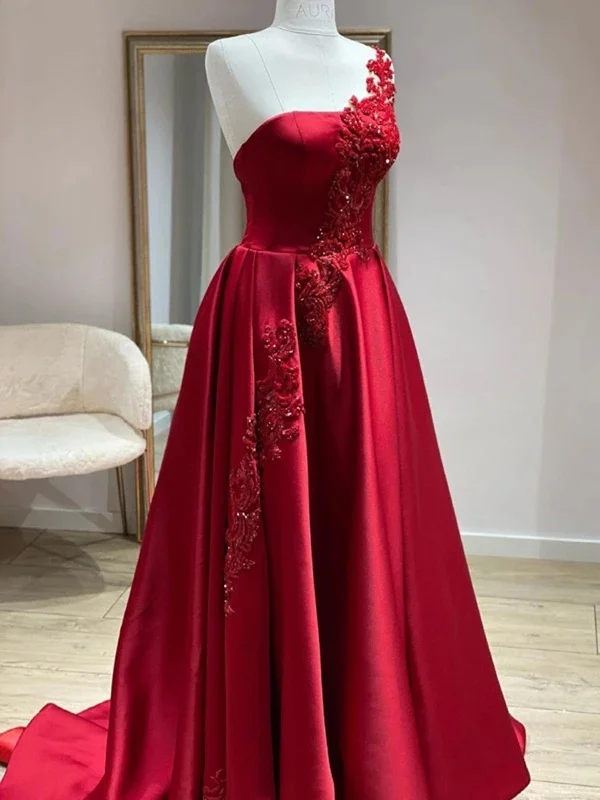 cocktail party dressesOne Shoulder Burgundy Satin Long Prom Dresses with Lace Appliques, Burgundy Lace Formal Graduation Evening Dresses SP2342