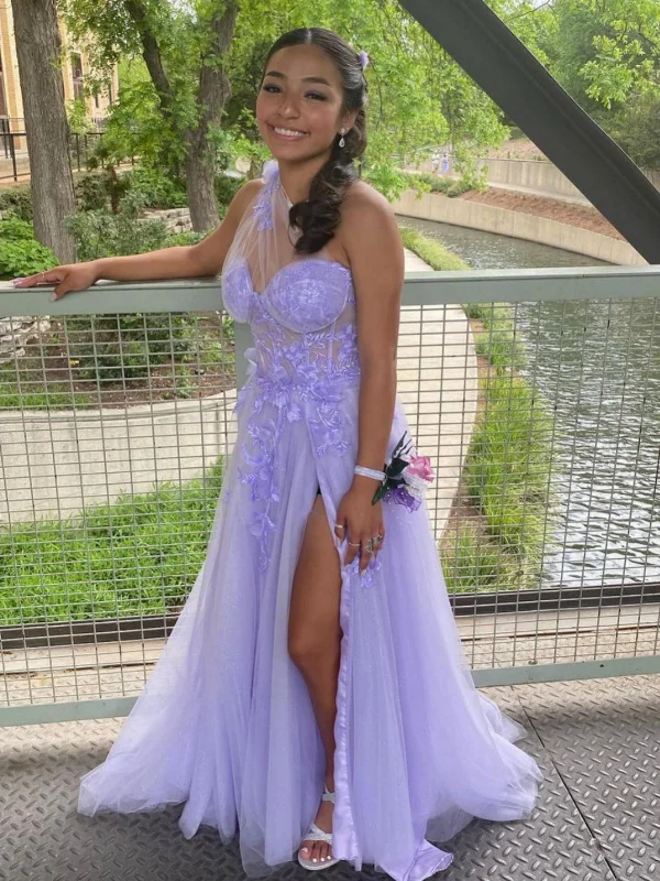 vintage party dressesOne Shoulder Purple Lace Floral Long Prom Dresses with High Slit, One Shoulder Lilac Formal Dresses with 3D Flowers, Purple Evening Dresses SP2582