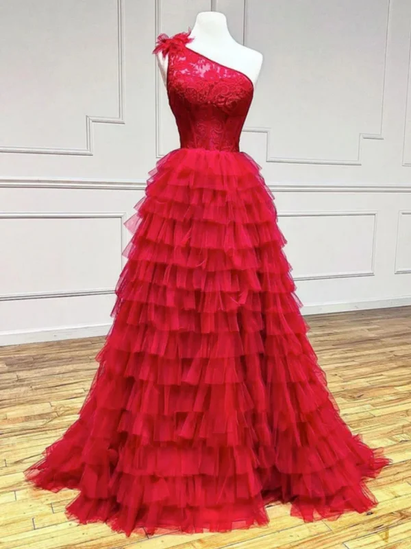 curve-hugging party dressesOne Shoulder Layered Tulle Red Lace Long Prom Dresses, Red Lace Formal Graduation Evening Dresses SP2508