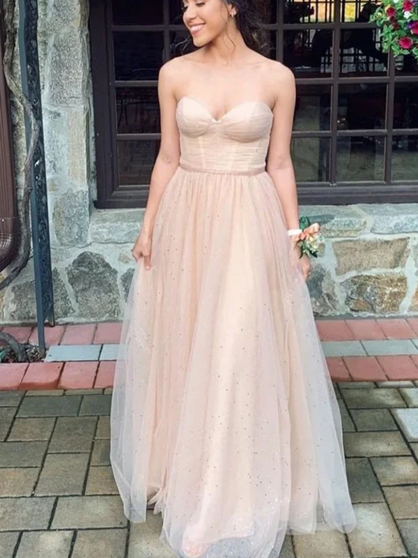 leather party dressesStrapless Sweetheart Neck Champagne Tulle Long Prom Dresses, Long Champagne Formal Graduation Evening Dresses SP2667