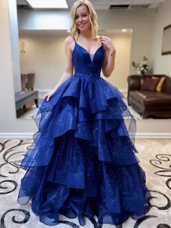 affordable party dressesV Neck Blue Tulle Layered Long Prom Dresses with Belt, Long Blue Formal Evening Dresses, Ball Gown SP2524