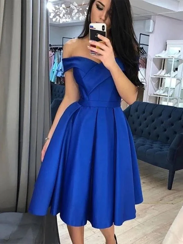 metallic party dressesOff the Shoulder Royal Blue Short Prom Dresses Homecoming Dresses, Off Shoulder Royal Blue Formal Graduation Evening Dresses