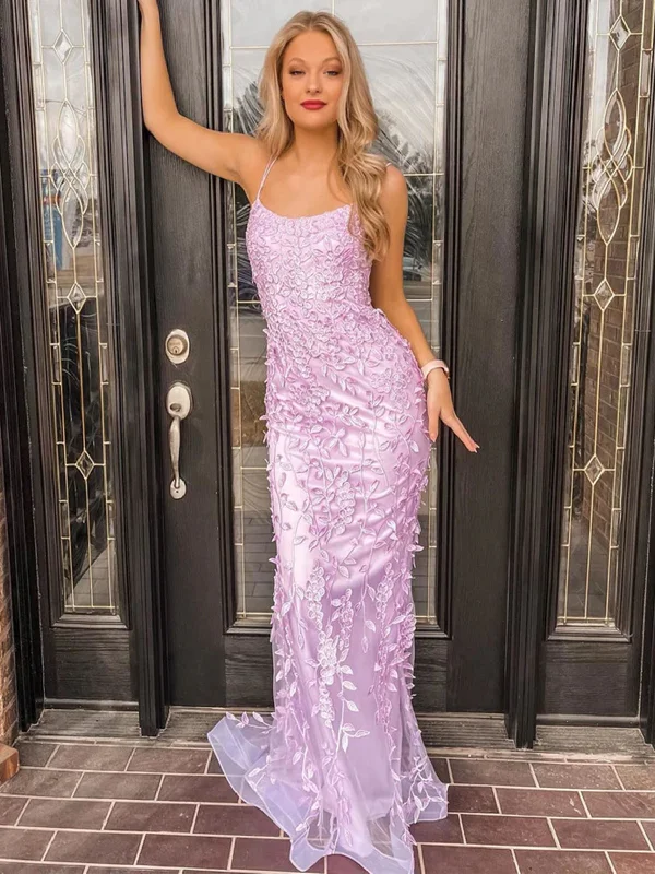 short party dressesMermaid Backless Lilac Lace Appliqued Long Prom Dresses, Purple Lace Formal Graduation Evening Dresses SP2309