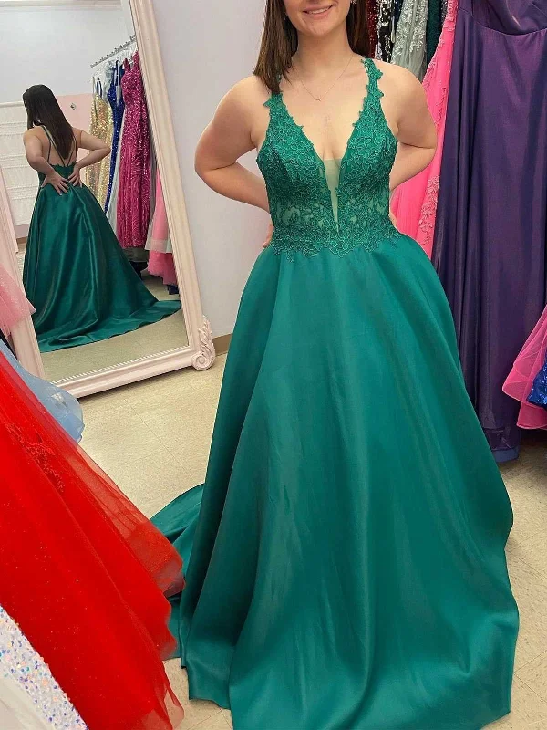 metallic party dressesV Neck Backless Green Lace Long Prom Dresses, Green Lace Formal Dresses, Green Evening Dresses SP2576