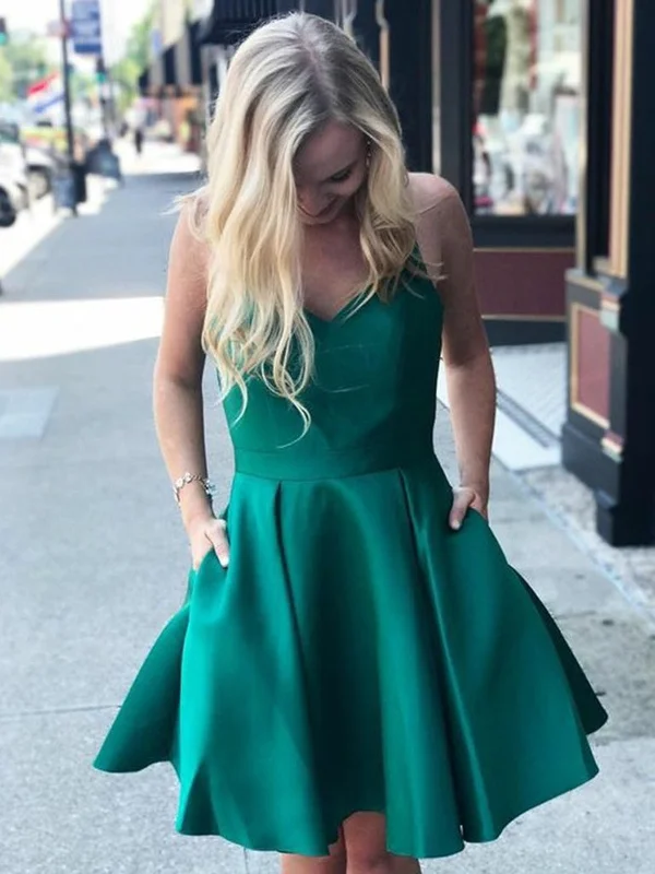 sequined party dressesV Neck Green Satin Short Prom Dresses, Short Green Homecoming Graduation Dresses, Open Back Green Formal Evening Dresses