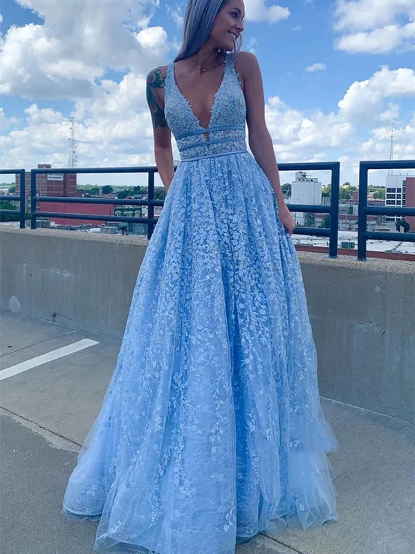 halter-neck party dressesDeep V Neck Light Blue Lace Long Prom Dresses, Light Blue Lace Formal Graduation Evening Dresses SP2359