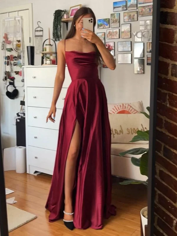 comfortable party dressesSimple A Line Burgundy Satin Long Prom Dresses with High Slit, Long Burgundy Formal Graduation Evening Dresses SP2527