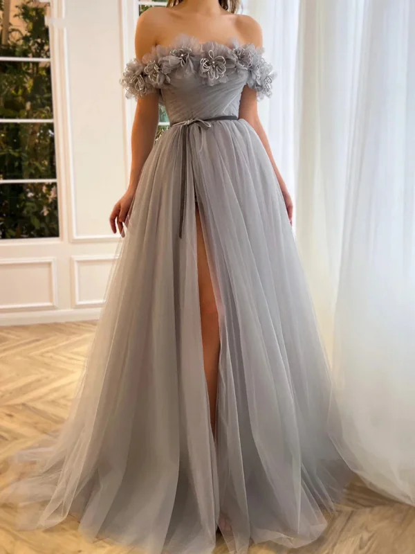 budget-friendly party dressesOff Shoulder Gray Tulle Floral Long Prom Dresses with High Slit, Grey Tulle Formal Dresses, Off the Shoulder Gray Evening Dresses SP2579