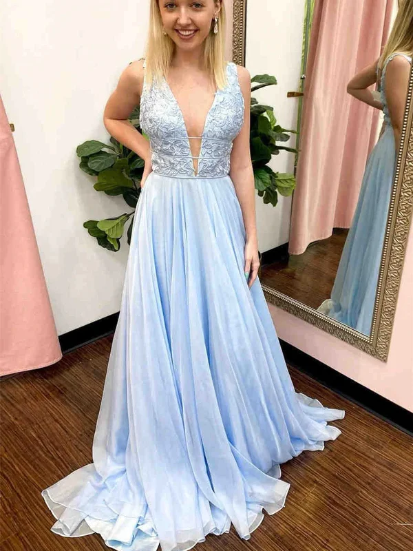 stretchy party dressesA Line V Neck Light Blue Lace Long Prom Dresses, Light Blue Lace Formal Graduation Evening Dresses SP2316