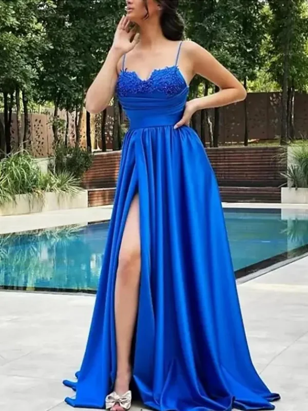 pool party dressesA Line Blue Lace Long Prom Dresses with High Slit, Long Blue Formal Graduation Evening Dresses SP2501