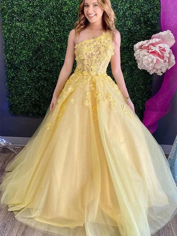 A-line party dressesOne Shoulder Yellow Lace Floral Long Prom Dresses, Yellow Tulle Lace Formal Dresses, Yellow Evening Dresses SP2284