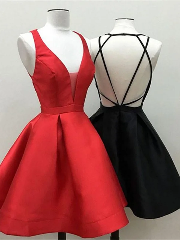 empire waist party dressesV Neck Backless Short Red/Black Prom Dresses, Open Back Red/Black Homecoming Dresses, Red/Black Formal Evening Dresses