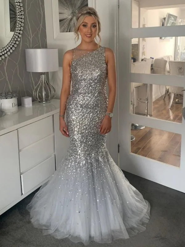 polyester party dressesMermaid Silver Gray Sequins Long Prom Dresses, Silver Gray Formal Evening Dresses, Mermaid Ball Gown SP2616