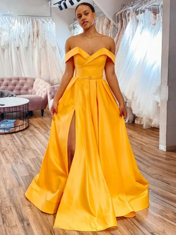 one-shoulder party dressesOff Shoulder Yellow Satin Long Prom Dresses with High Slit, Off the Shoulder Yellow Formal Dresses, Yellow Evening Dresses SP2554