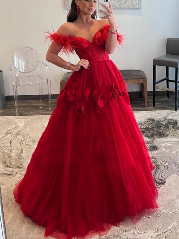 short party dressesOff Shoulder Red Tulle Floral Long Prom Dresses, Off the Shoulder Formal Evening Dresses, Red Ball Gown SP2631