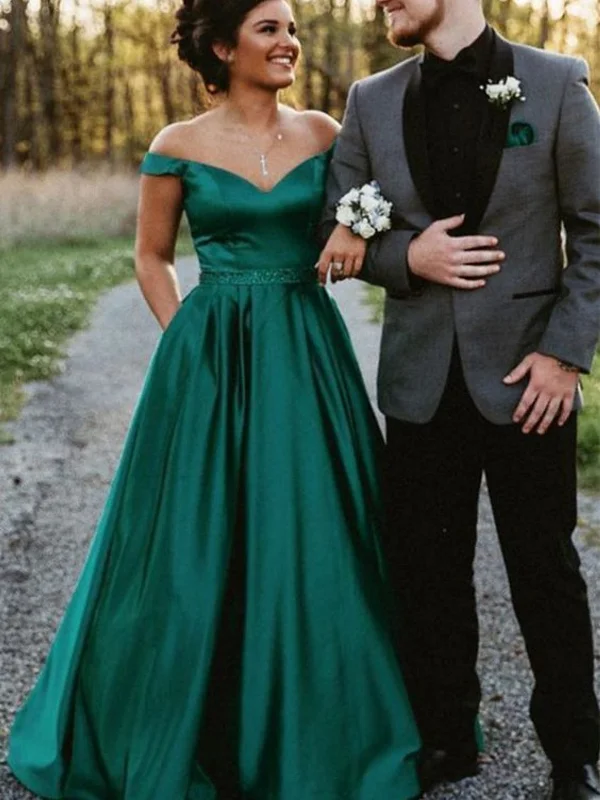 budget-friendly party dressesOff Shoulder Green Satin Long Prom Dresses, Off the Shoulder Formal Dresses, Green Evening Dresses SP2529