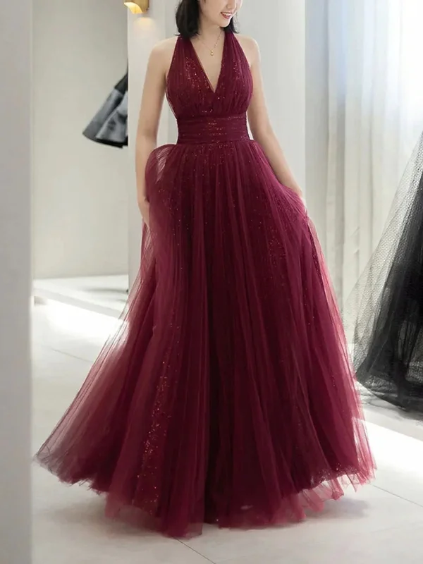 halter-neck party dressesShiny V Neck Backless Burgundy Tulle Long Prom Dresses, Backless Burgundy Formal Dresses, Burgundy Evening Dresses SP2627