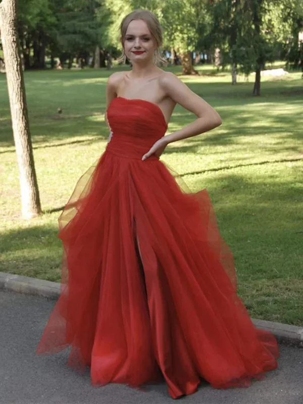 plus-size friendly party dressesStrapless Red Tulle Long Prom Dresses with High Slit, Strapless Red Formal Graduation Evening Dresses SP2578