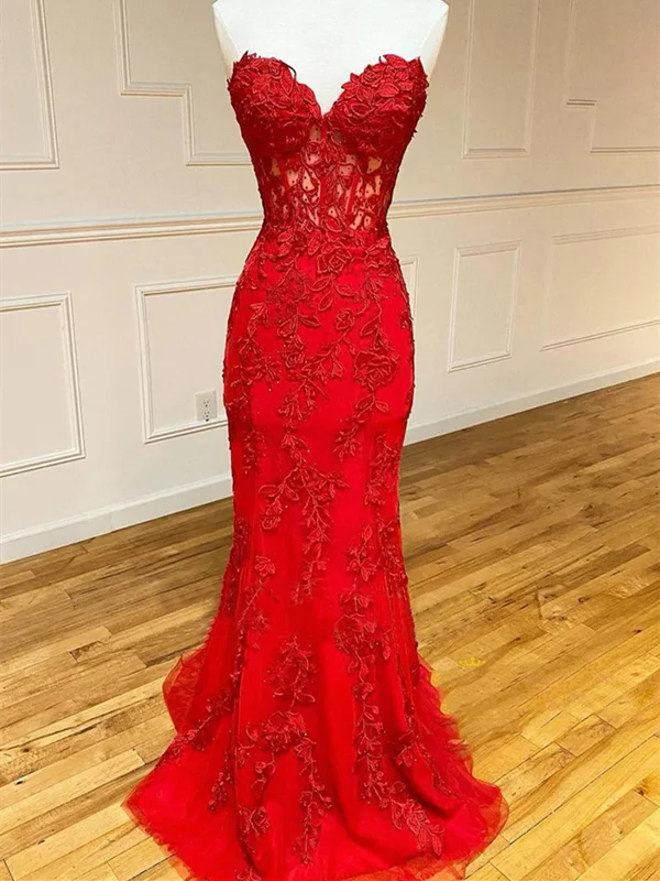 affordable luxury party dressesOpen Back Mermaid Strapless Red Lace Long Prom Dresses with Train, Mermaid Red Formal Dresses, Red Lace Evening Dresses SP2388