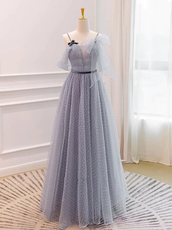 stretchy party dressesV Neck Open Back Gray Tulle Long Prom Dresses, Long Gray Formal Graduation Evening Dresses SP2634