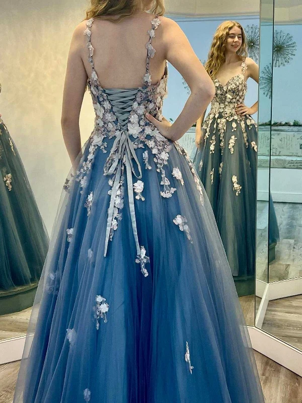 handmade party dressesV Neck Smoke Blue Tulle Long Prom Dresses with Appliques, Smoke Blue Formal Evening Dresses SP2580