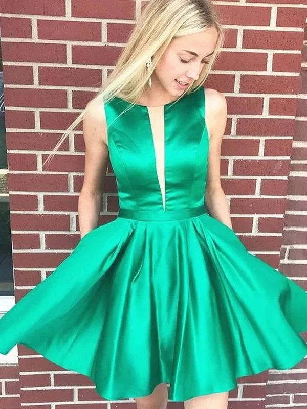 stylish party dressesGreen Satin Backless Short Prom Dresses Homecoming Dresses, Open Back Green Formal Graduation Evening Dresses, Green Cocktail Dresses