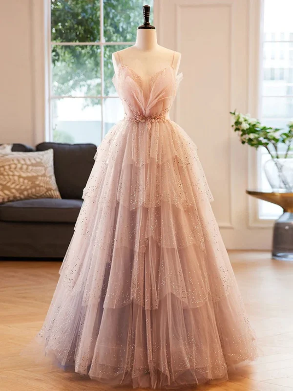 chic party dressesGorgeous V Neck Beaded Layered Champagne Tulle Long Prom Dresses, Champagne Formal Evening Dresses, Ball Gown SP2568