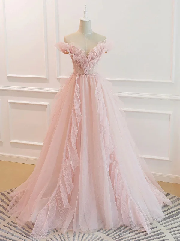 ruffle party dressesElegant Off the Shoulder Pink Tulle Long Prom Dresses, Off Shoulder Pink Formal Dresses, Pink Evening Dresses SP2659