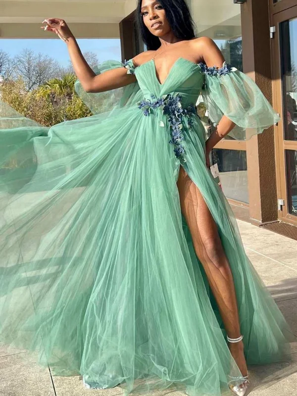 handmade party dressesOff Shoulder V Neck Green Tulle Floral Long Prom Dresses with High Slit, Long Green Formal Graduation Evening Dresses SP2640