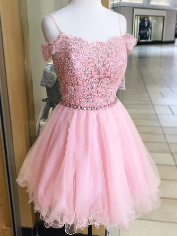 bridesmaid party dressesA Line Off Shoulder Lace Pink Short Prom Homecoming Dresses, Off Shoulder Pink Lace Formal Graduation Evening Dresses