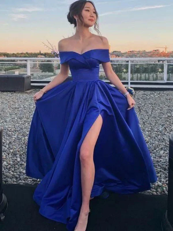 ball gown party dressesOff the Shoulder Blue Satin Long Prom Dresses with High Slit, Off Shoulder Blue Formal Graduation Evening Dresses SP2662